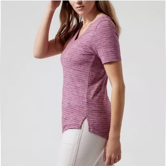 ATHLETA - Women’s Bashful Scoop V-Neck Short Sleeve Breezy T—Shirt, Pink, XL - Picture 2 of 8